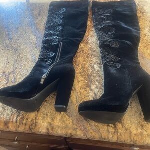 Jessica Simpson Black Velvet Over-the-Knee Platform Boots with Embroidered Panel